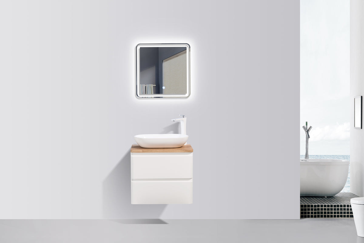 Clear Cube Lazio 600 with Single Drawer Gloss White with White Oak Top - Includes Florence Basin White