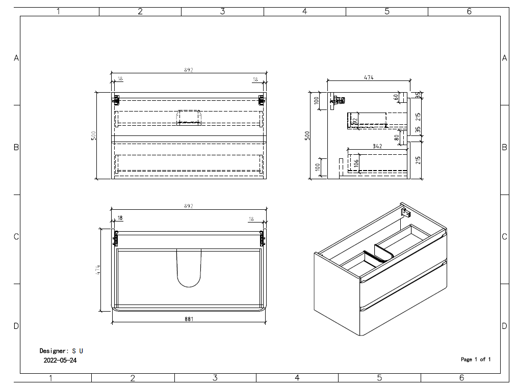 Clear Cube Santorini 900 with Double Drawer 480mm (L) x 900mm (W) x 500mm (H) White with Calcatta Marble Wooden Top - Includes Lavello Basin White