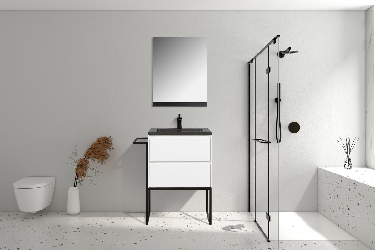 Clear Cube Urban 600 With Double Drawer White Gloss Includes Enzo 600 Basin Black Composite & Enzo Matt Black frame with Towel Rack