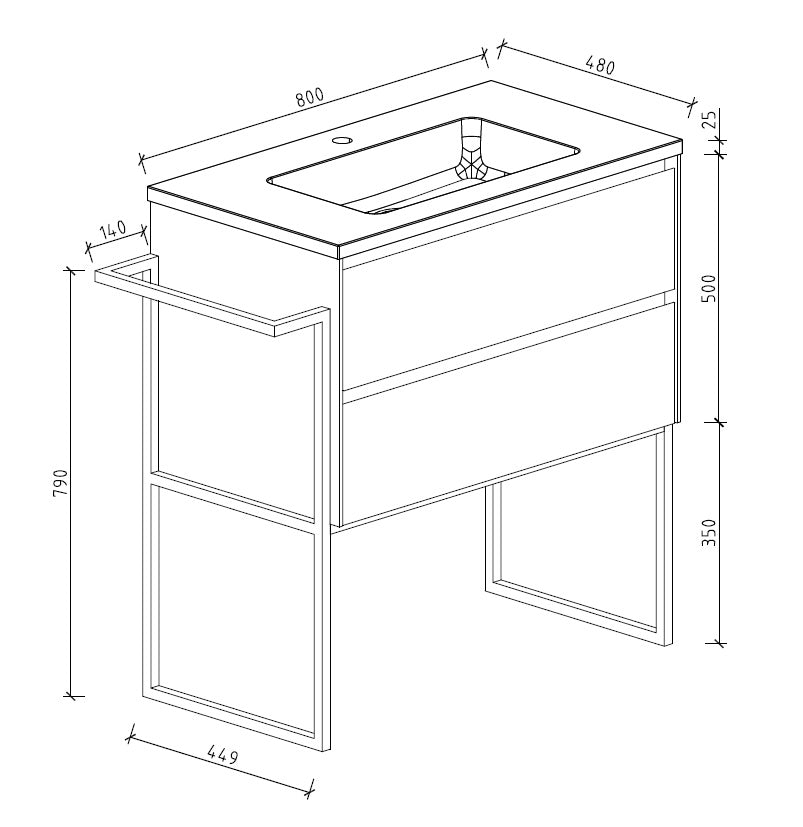 Clear Cube Urban 800 With Double Drawer Concrete Includes Enzo 800 Basin Black Composite & Enzo Matt Black frame with Towel Rack