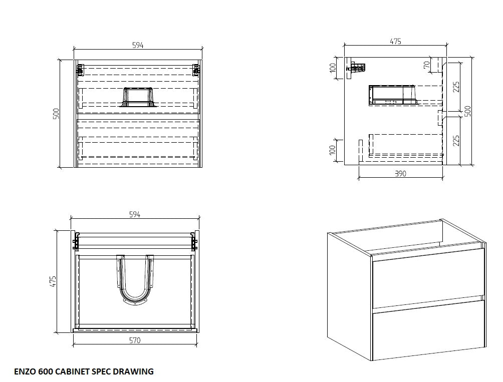 Clear Cube Madrid 600 with Double Drawer White with Quartz Stone Top - Includes Madrid Basin White Composite