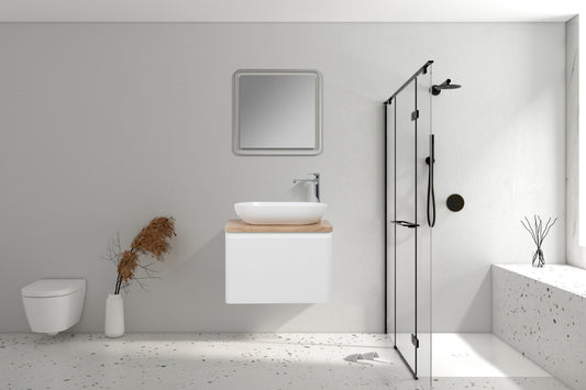 Clear Cube Lazio 600 with Single Drawer Gloss White with White Oak Top - Includes Florence Basin White
