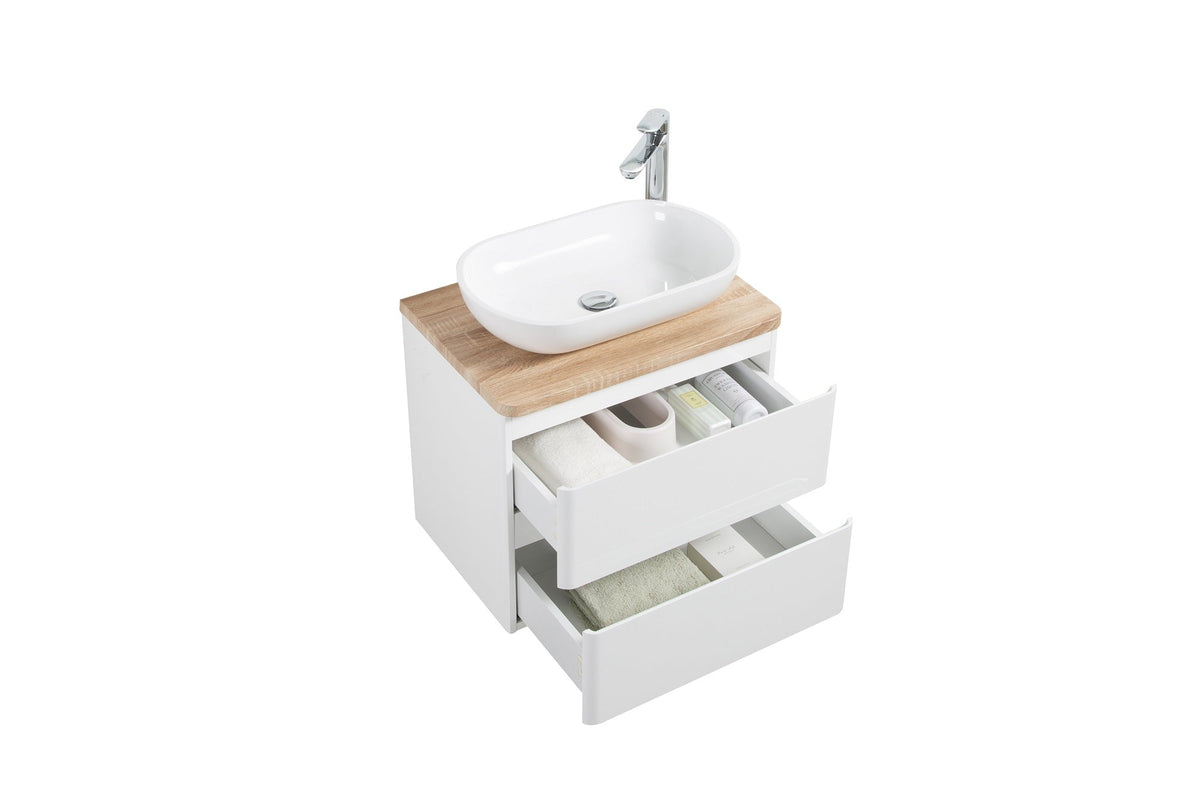 Clear Cube Lazio 600 with Double Drawer Gloss White with White Oak Top - Includes Florence Basin White
