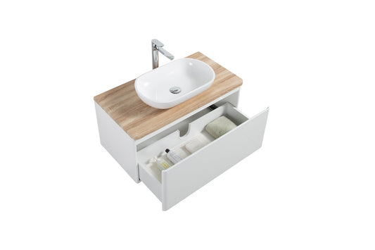 Clear Cube Lazio 900 with Single DrawerGloss White with White Oak Top - Includes Florence Basin White