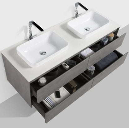 Clear Cube Madrid 1500 with Four Drawers Concrete Grey with Quartz Stone Top - Includes Two Madrid Basins White Composite