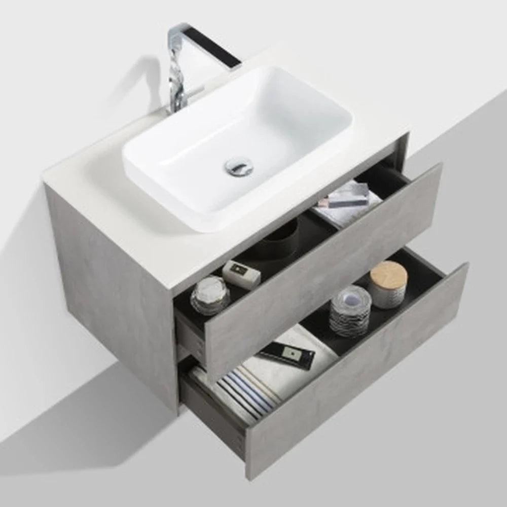 Clear Cube Madrid 800 with Double DrawerConcrete Grey with Quartz Stone Top - Includes Madrid Basin White Composite