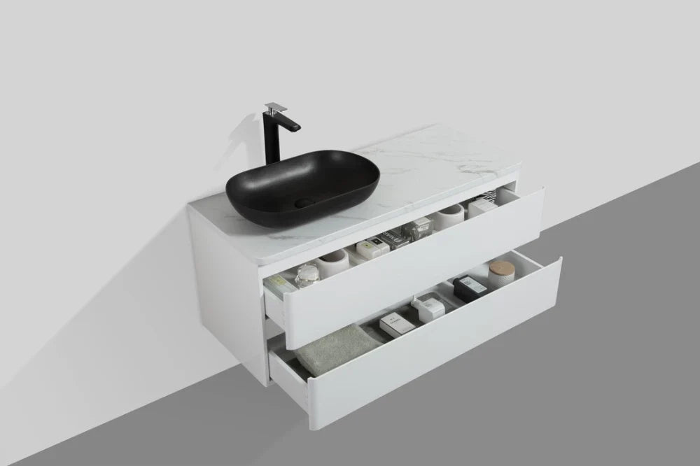 Clear Cube Santorini 1200 with Double Drawer 480mmwith Calcatta Marble Wooden Top - Includes Lavello Basin Black