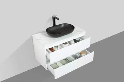 Clear Cube Santorini 900 with Double Drawer  White with Calcatta Marble Wooden Top - Includes Lavello Basin Black