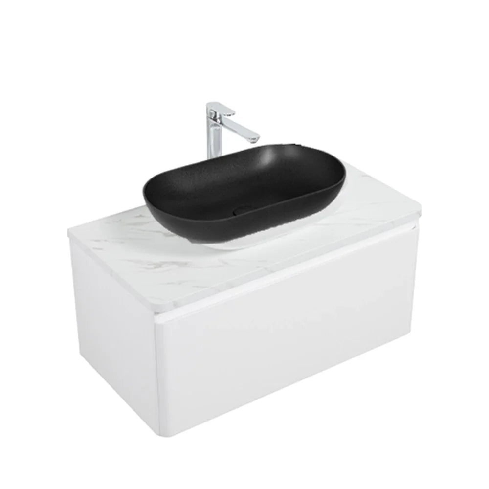Clear Cube Santorini 900 with Single Drawer  White with Calcatta Marble Wooden Top - Includes Lavello Basin Black