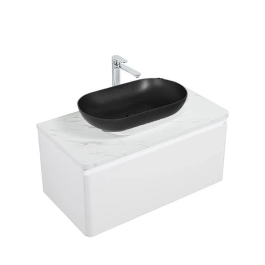 Clear Cube Santorini 900 with Single Drawer  White with Calcatta Marble Wooden Top - Includes Lavello Basin Black