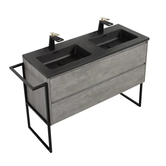Clear Cube Urban 1200 With Double Drawer Concrete Includes Enzo 1200 Basin Black Composite & Enzo Matt Black frame with Towel Rack