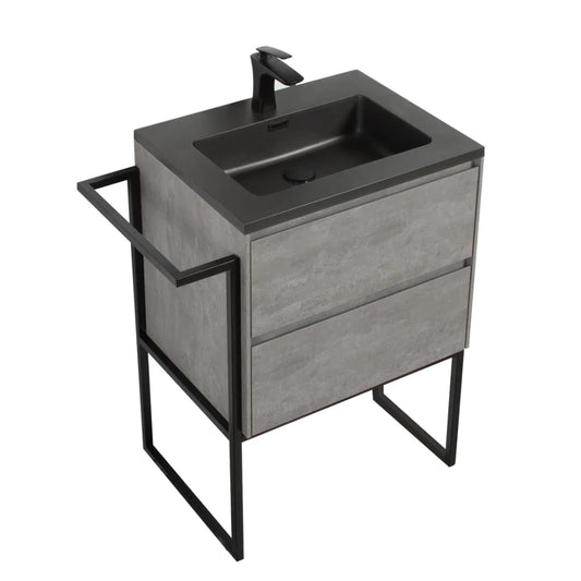 Clear Cube Urban 600 With Double Drawer  Concrete Includes Enzo 600 Basin Black Composite & Enzo Matt Black frame with Towel Rack