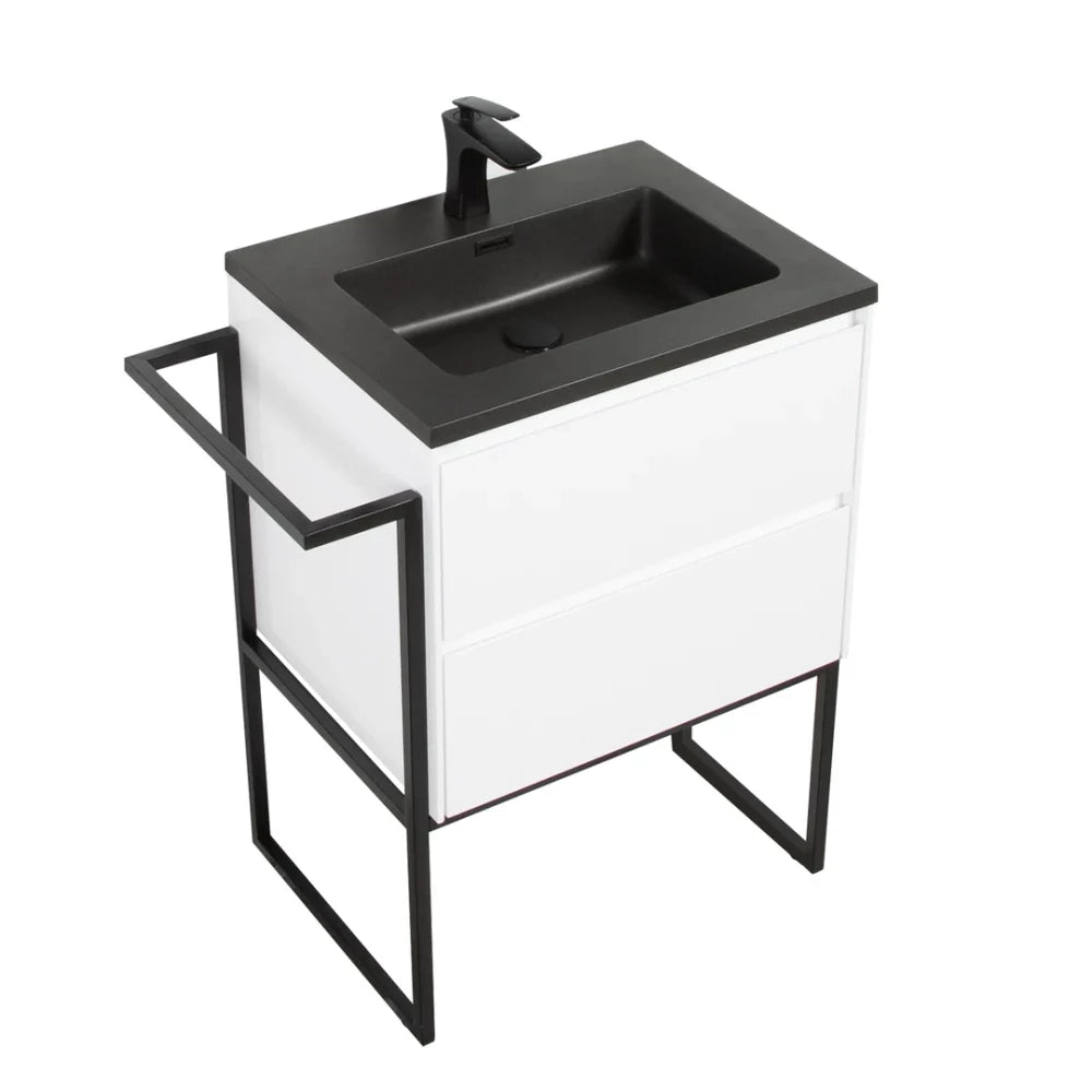 Clear Cube Urban 600 With Double Drawer  White Gloss Includes Enzo 600 Basin Black Composite & Enzo Matt Black frame with Towel Rack