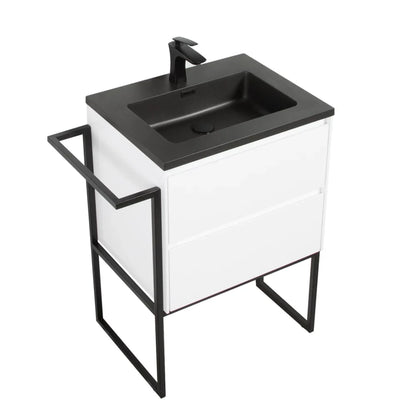 Clear Cube Urban 600 With Double Drawer  White Gloss Includes Enzo 600 Basin Black Composite & Enzo Matt Black frame with Towel Rack