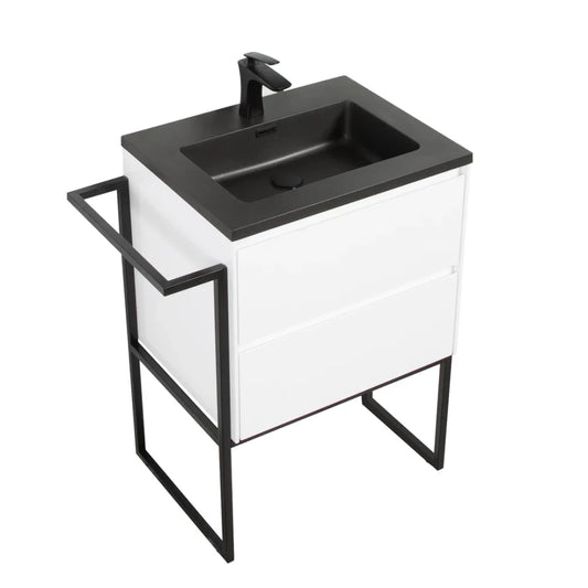 Clear Cube Urban 600 With Double Drawer  White Gloss Includes Enzo 600 Basin Black Composite & Enzo Matt Black frame with Towel Rack