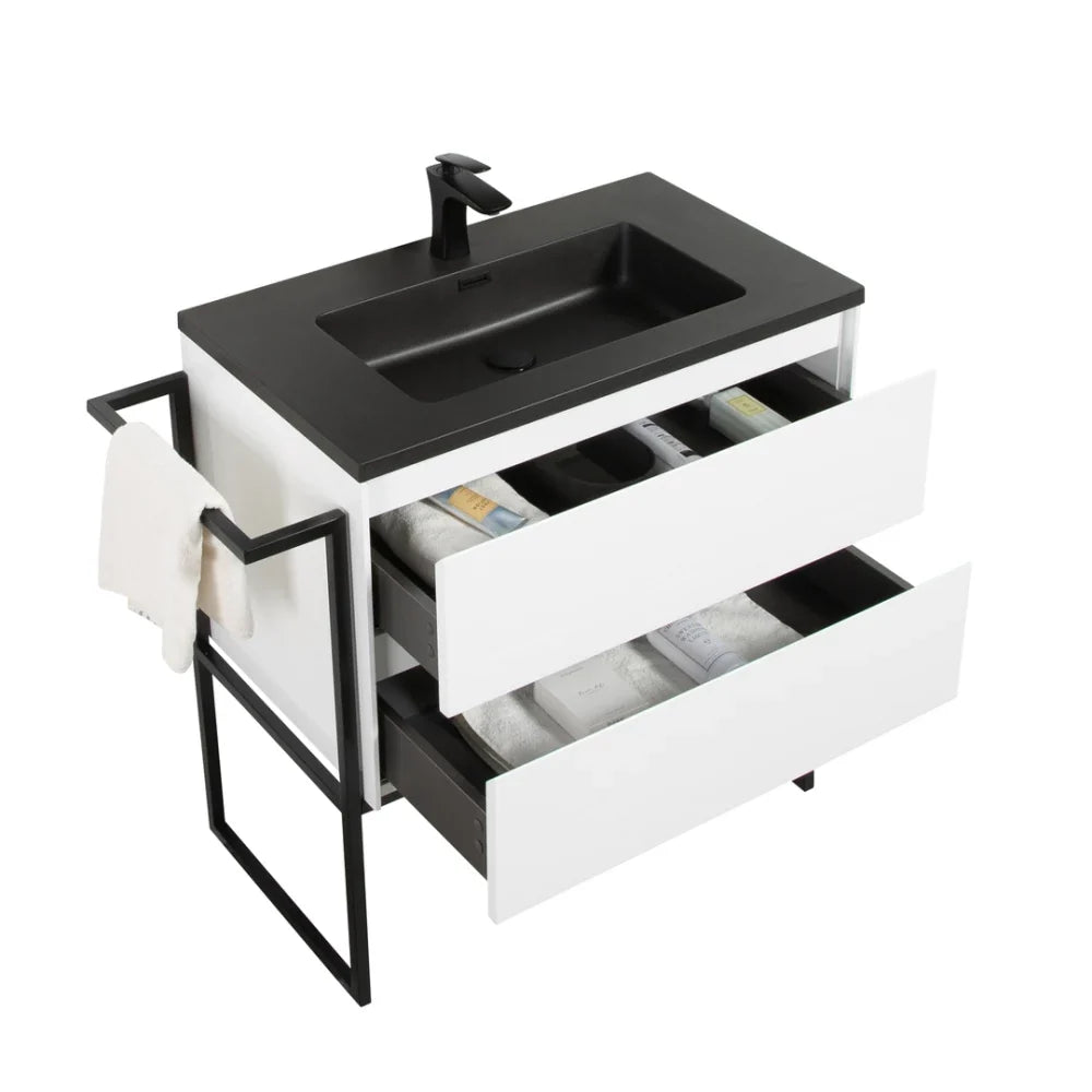 Clear Cube Urban 800 With Double Drawer White Includes Enzo 800 Basin Black Composite & Enzo Matt Black frame with Towel Rack