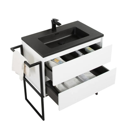 Clear Cube Urban 800 With Double Drawer White Includes Enzo 800 Basin Black Composite & Enzo Matt Black frame with Towel Rack