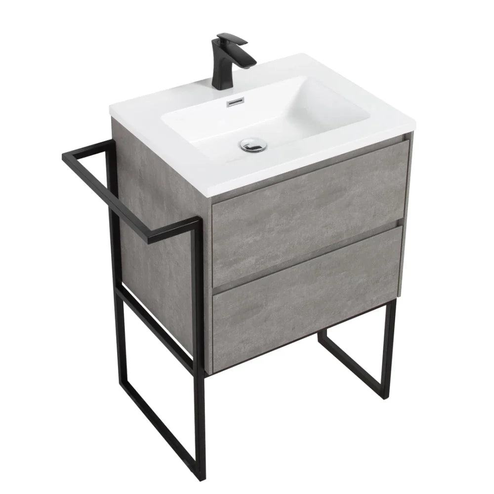Clear Cube Urban 600 With Double Drawer Concrete Includes Enzo 600 Basin White Composite & Enzo Matt Black frame with Towel Rack
