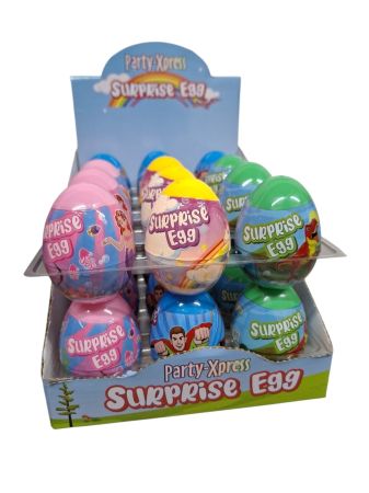 Surprise Eggs filled with a diy toy that is easy to assemble , sweets and small stickers , each egg is 7cm height . 24 eggs per display , one barcode and one code