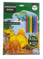 Dinosaur Magic , 8 sheets of printed themed pages , with 6 colour crayons and 2 pages of stickers .The colour in page asks to match the sticker to the page .  Each designed folder is 32cm x 22cm, The internal brand is Creative Colour