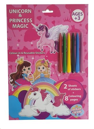 Unicorn  & Princess Magic , 8 sheets of printed themed pages , with 6 colour crayons and 2 pages of stickers .The colour in page asks to match the sticker to the page .  Each designed folder is 32cm x 22cm, The internal brand is Creative Colour