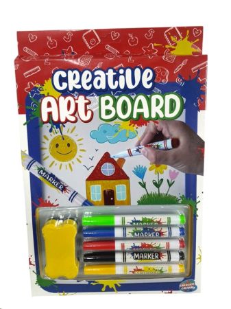 Creative Art Board , consists of 5 colour pens all with creative colour branding , board cleaner and a white board , White board is 28cm x 21cm , Colour Box is 31cm x 21cm , The internal brand is Creative Colour