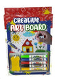 Creative Art Board , consists of 5 colour pens all with creative colour branding , board cleaner and a white board , White board is 28cm x 21cm , Colour Box is 31cm x 21cm , The internal brand is Creative Colour