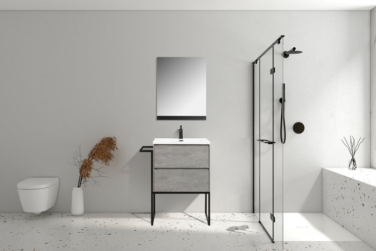 Clear Cube Urban 600 With Double Drawer Concrete Includes Enzo 600 Basin White Composite & Enzo Matt Black frame with Towel Rack