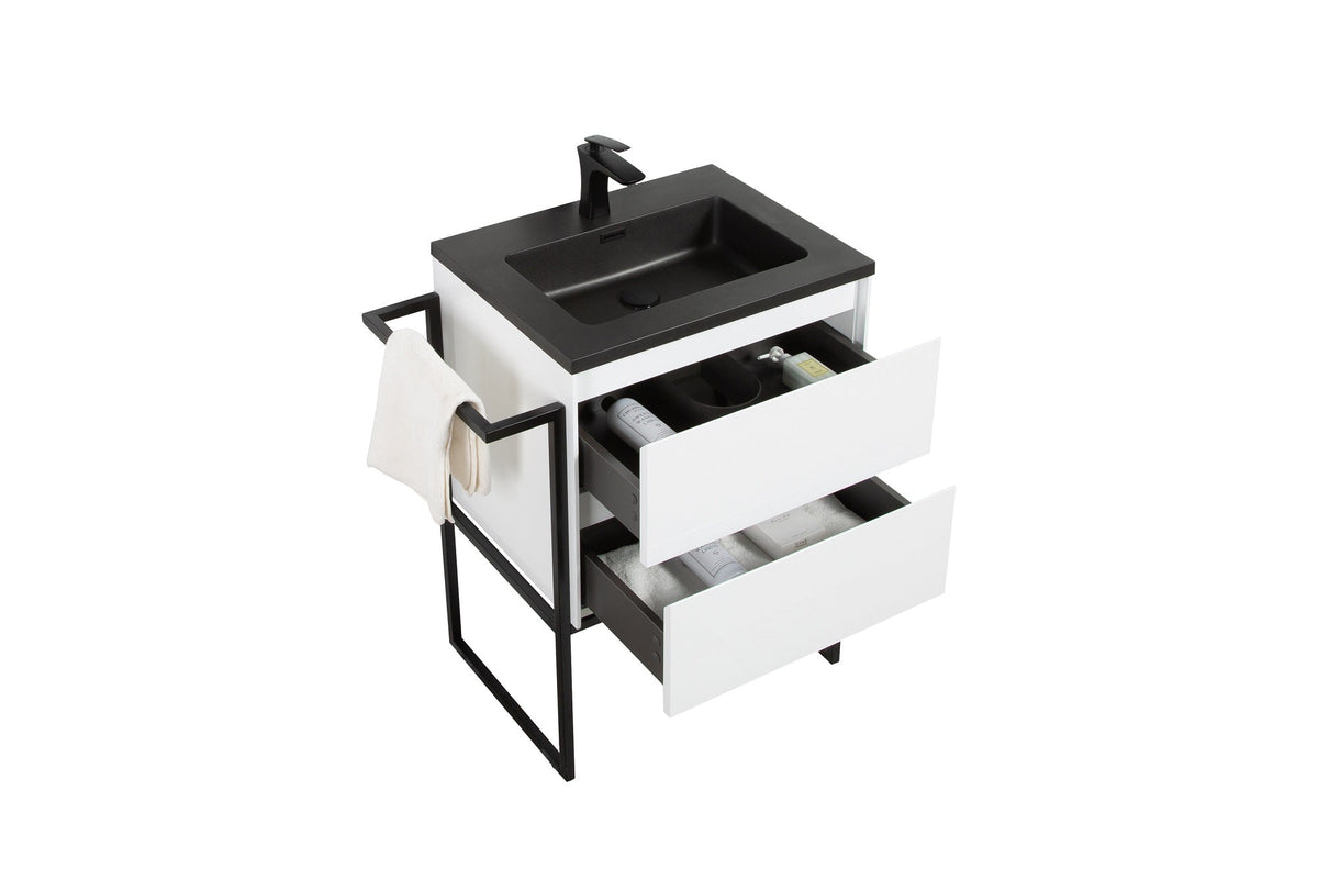 Clear Cube Urban 600 With Double Drawer  White Gloss Includes Enzo 600 Basin Black Composite & Enzo Matt Black frame with Towel Rack