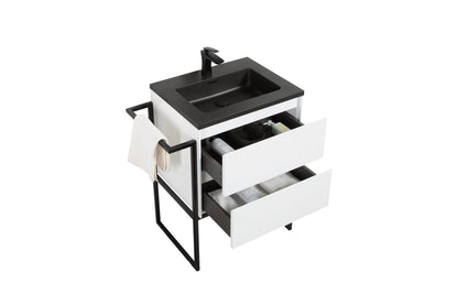 Clear Cube Urban 600 With Double Drawer  White Gloss Includes Enzo 600 Basin Black Composite & Enzo Matt Black frame with Towel Rack
