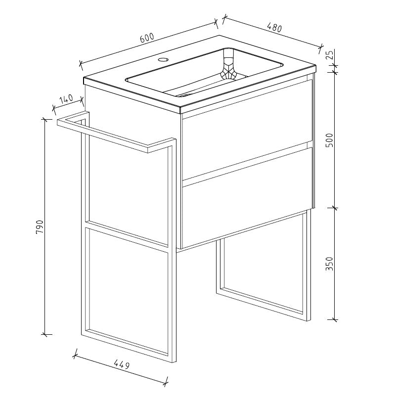 Clear Cube Urban 600 With Double Drawer  White Gloss Includes Enzo 600 Basin White Composite & Enzo Matt Black frame with Towel Rack